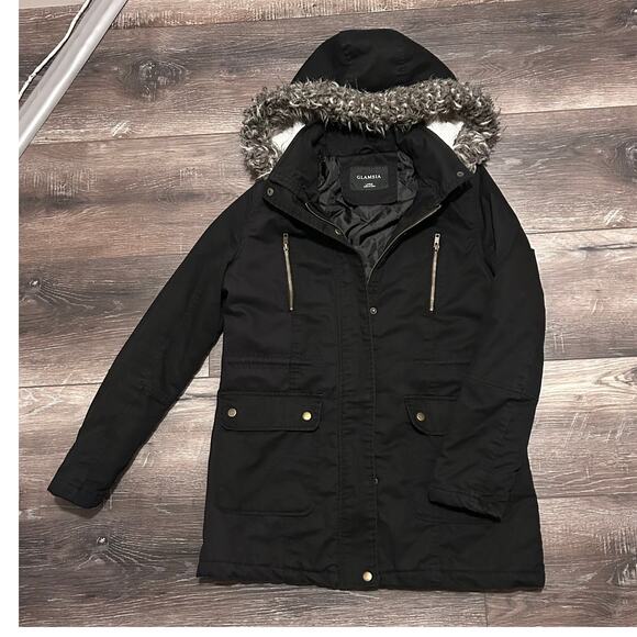 Glamisa Black Winter Coat Faux Fur Size Large - Picture 9 of 13